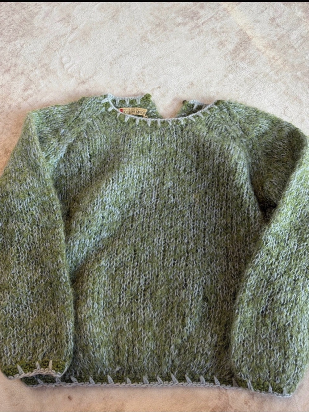 VTG Joseph Magnin Green Mohair Style Blanket Stitch Chunky Knit Sweater